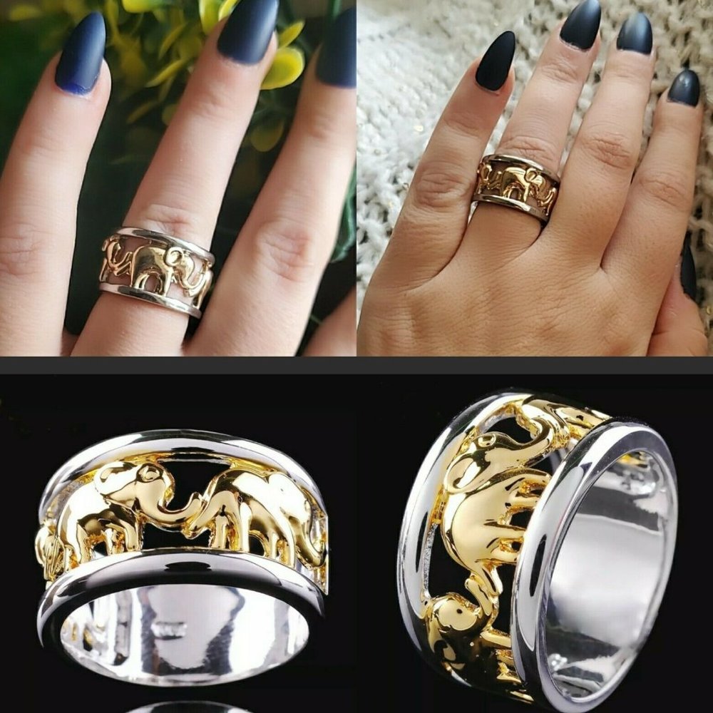 Elephant Ring 18K Gold 925 Silver Two tone Boho Ethnic Ring Size 6